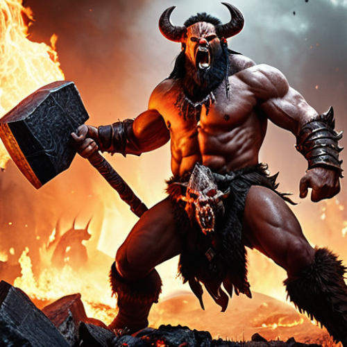 Home 11 A fierce Barbarian warrior wielding a massive hammer, striking down multiple demons amidst a fiery battlefield. "Diablo 4 Barbarian, Hammer of the Ancients, fiery battlefield, demon horde."