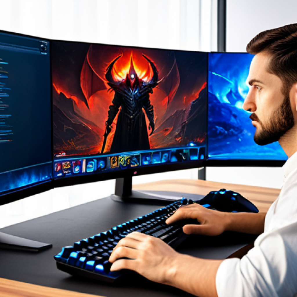 **Prompt for Graphics Optimization Focus:**
    A professional adult gamer, dressed in modest, comfortable attire, intently focused on a computer monitor displaying the Diablo 4 game environment. The screen shows vibrant, high-quality graphics of the game world, reflecting smooth gameplay and excellent visual fidelity. The gamer is seated at a clean, modern gaming desk with a proper ergonomic setup, illuminated by soft, natural lighting. The scene emphasizes optimal visual quality and seamless performance. Perfect anatomy, natural pose, well-formed hands, correct proportions, professional photography, high detail. Safe for work, appropriate content, fully clothed, family-friendly.