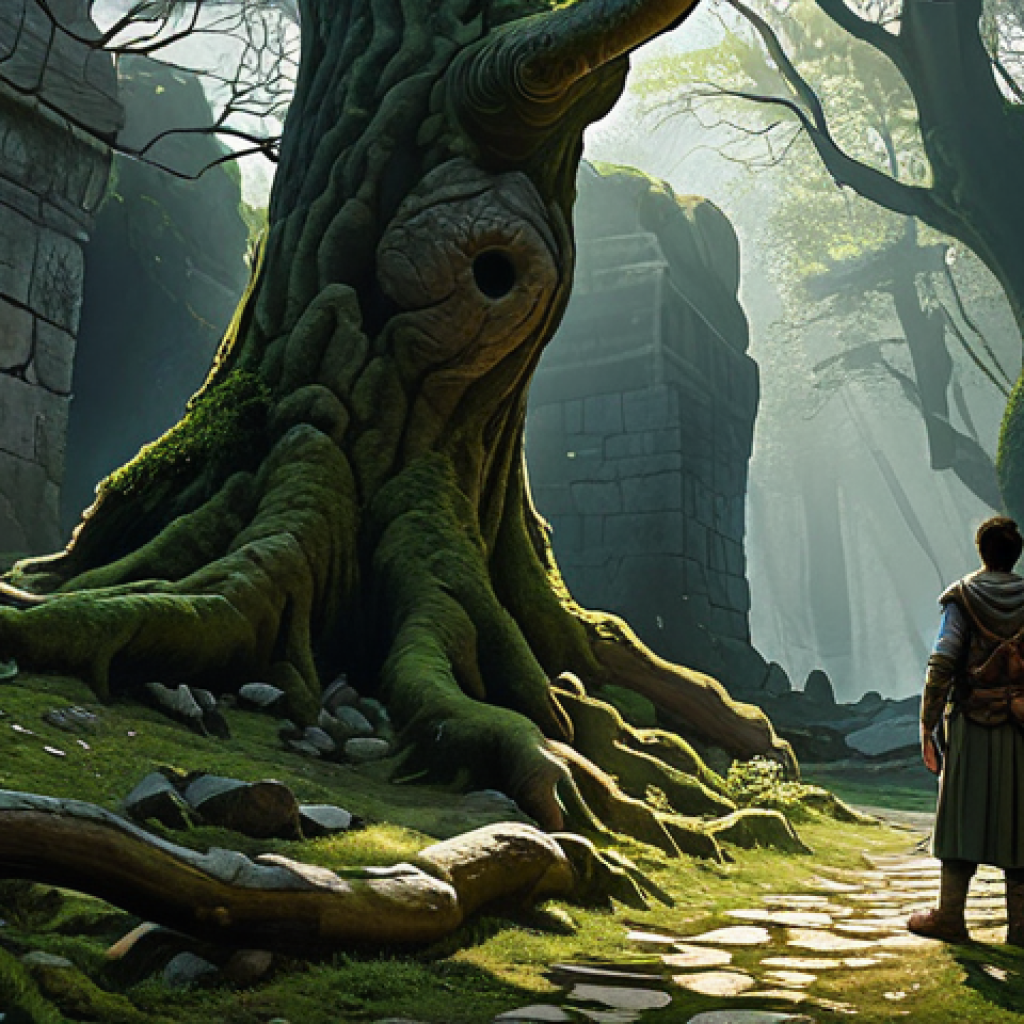 A lone fantasy adventurer, fully clothed in practical, modest exploration gear. They wear sturdy, earth-toned tunic, durable trousers, and simple leather armor, all fully covering the body. They stand within a dense, ancient forest, near overgrown, crumbling stone ruins. A faint, ethereal glow emanates from behind a large, gnarled tree with unusually broken branches, hinting at a hidden path. Strange, moss-covered stones are scattered around, forming an irregular pattern. A small, barely visible dirt path leads into the shadows. The atmosphere is quiet and mysterious. Professional digital painting, high resolution, detailed textures, perfect anatomy, correct proportions, natural pose, well-formed hands, proper finger count, natural body proportions. Safe for work, appropriate content, fully clothed, modest, family-friendly.