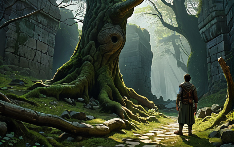 A lone fantasy adventurer, fully clothed in practical, modest exploration gear. They wear sturdy, earth-toned tunic, durable trousers, and simple leather armor, all fully covering the body. They stand within a dense, ancient forest, near overgrown, crumbling stone ruins. A faint, ethereal glow emanates from behind a large, gnarled tree with unusually broken branches, hinting at a hidden path. Strange, moss-covered stones are scattered around, forming an irregular pattern. A small, barely visible dirt path leads into the shadows. The atmosphere is quiet and mysterious. Professional digital painting, high resolution, detailed textures, perfect anatomy, correct proportions, natural pose, well-formed hands, proper finger count, natural body proportions. Safe for work, appropriate content, fully clothed, modest, family-friendly.