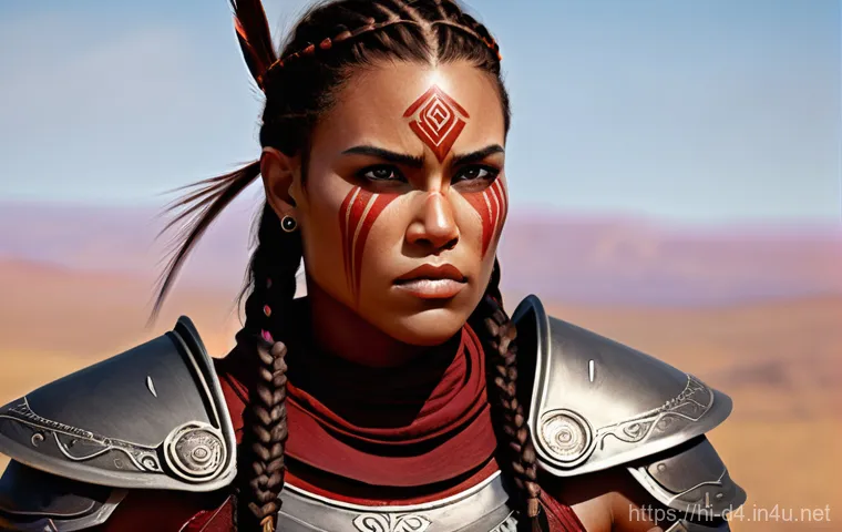 디아블로4 캐릭터 커스터마이징 - **Prompt 1: Barbarian Warrior (Female)** - Focus on strength, tribal elements, weathered look, heavy...