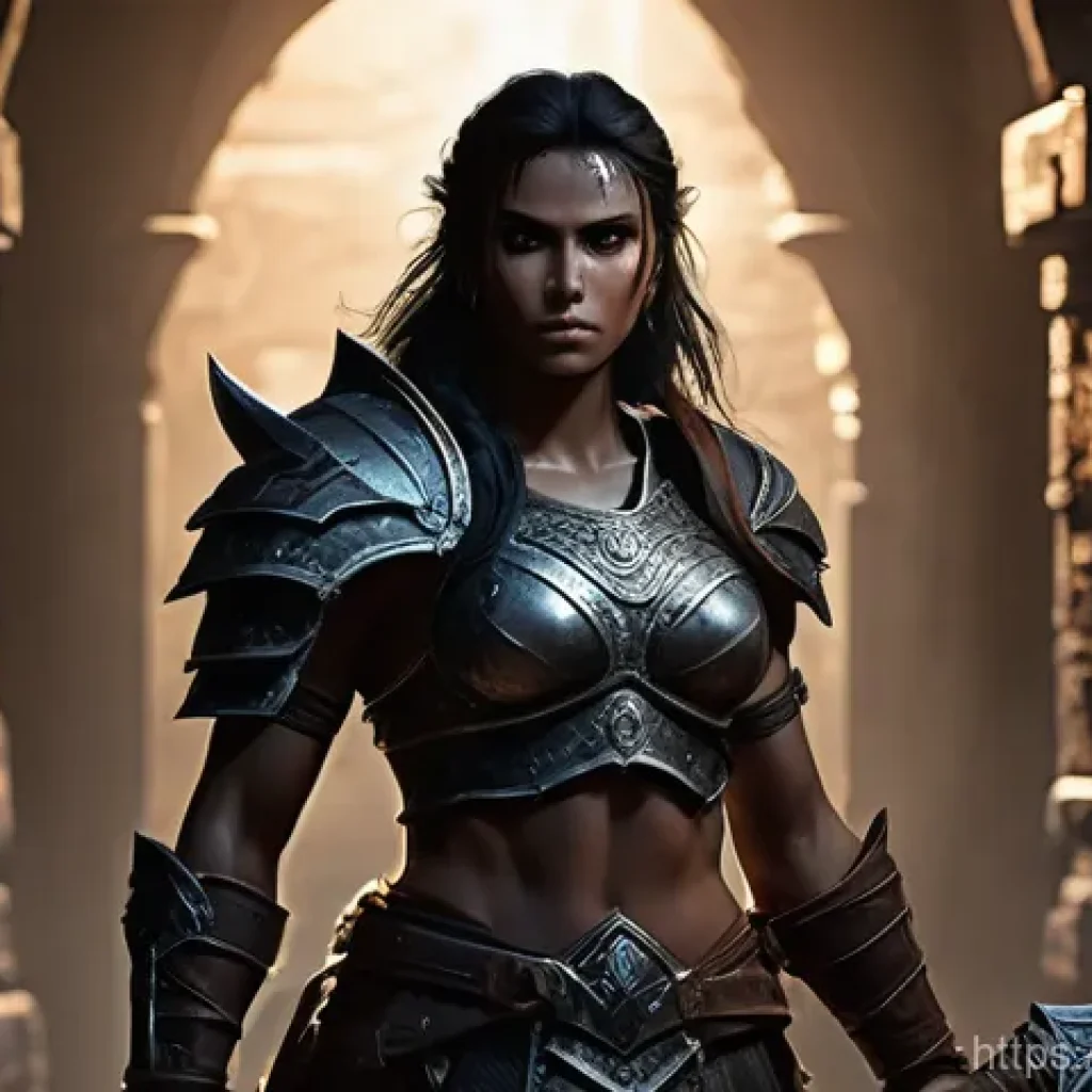 디아블로4 솔로 플레이 팁 - **A Solitary Barbarian's Stand:** A highly detailed, full-body shot of a formidable female Barbarian...