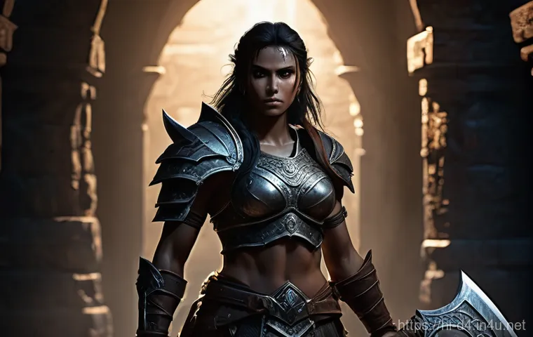 디아블로4 솔로 플레이 팁 - **A Solitary Barbarian's Stand:** A highly detailed, full-body shot of a formidable female Barbarian...