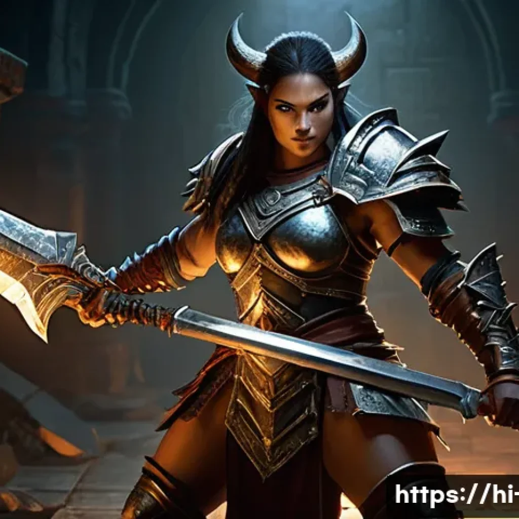 디아블로4 적응형 난이도 설명 - **Prompt:** A powerful, fully armored female Barbarian from Diablo 4, with a determined expression, ...
