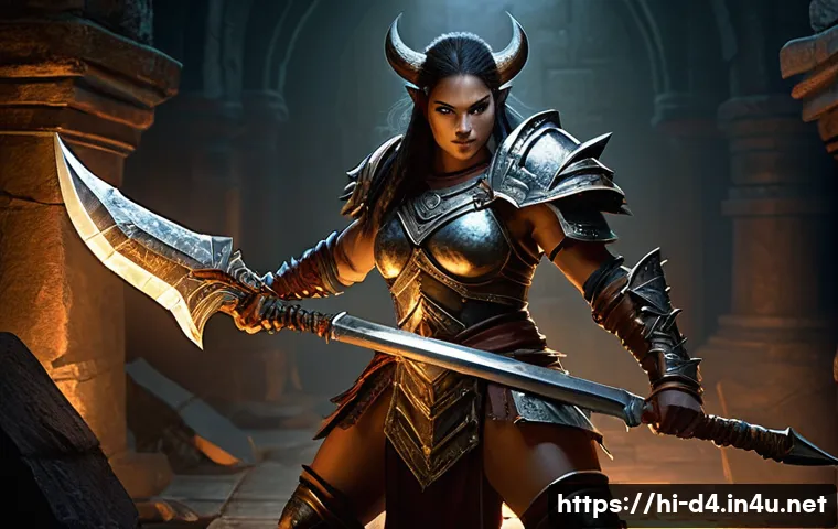 디아블로4 적응형 난이도 설명 - **Prompt:** A powerful, fully armored female Barbarian from Diablo 4, with a determined expression, ...