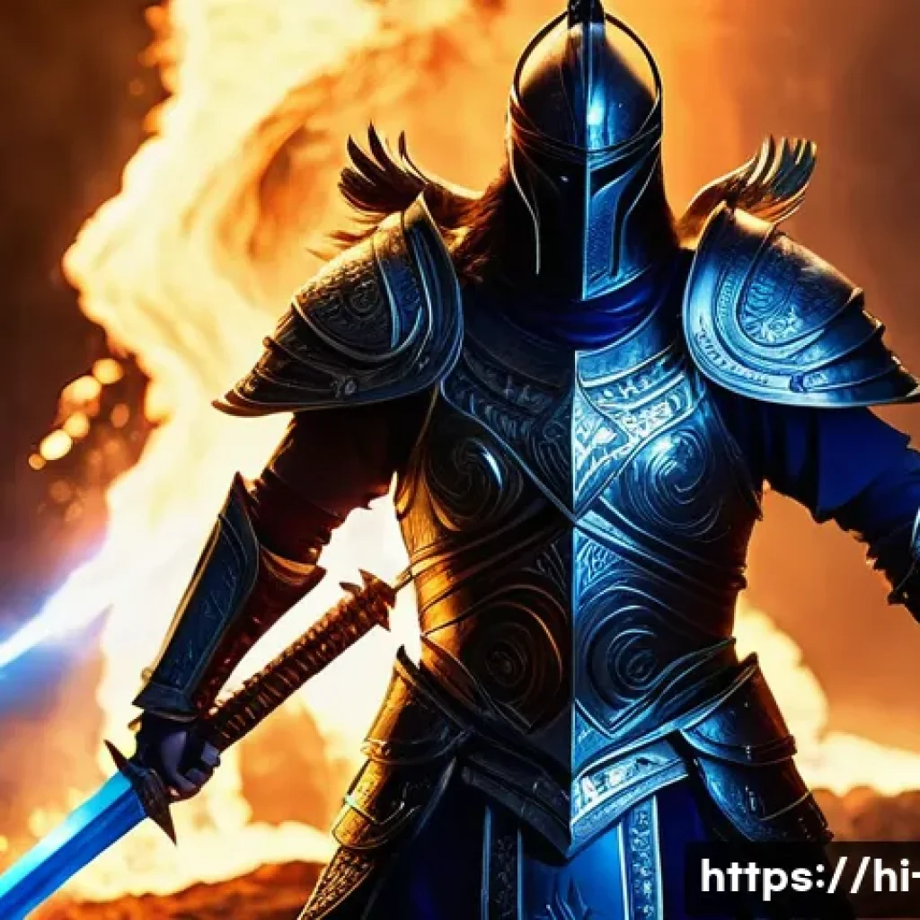 디아블로4 유니크 아이템 종류 - A powerful unique sword glowing with magical energy, held by a warrior wearing detailed armor and cl...