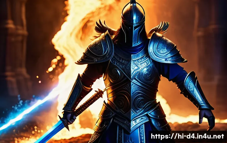 디아블로4 유니크 아이템 종류 - A powerful unique sword glowing with magical energy, held by a warrior wearing detailed armor and cl...