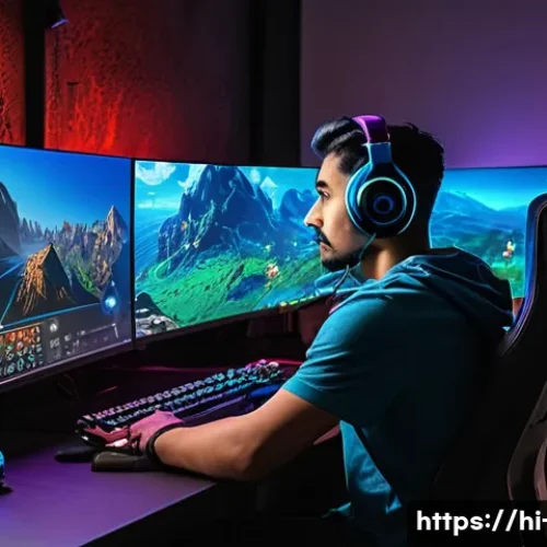 디아블로4 핑 문제 해결 - A modern gaming setup featuring a young Hindi male gamer sitting at a desk with a high-end PC and mu...