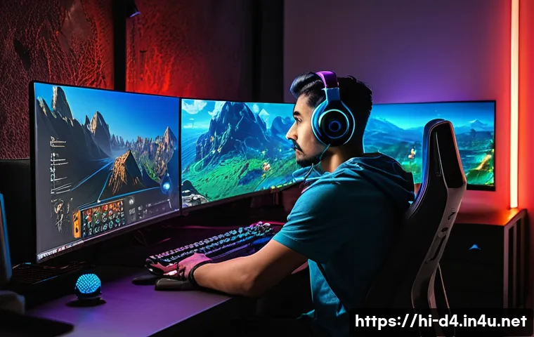 디아블로4 핑 문제 해결 - A modern gaming setup featuring a young Hindi male gamer sitting at a desk with a high-end PC and mu...