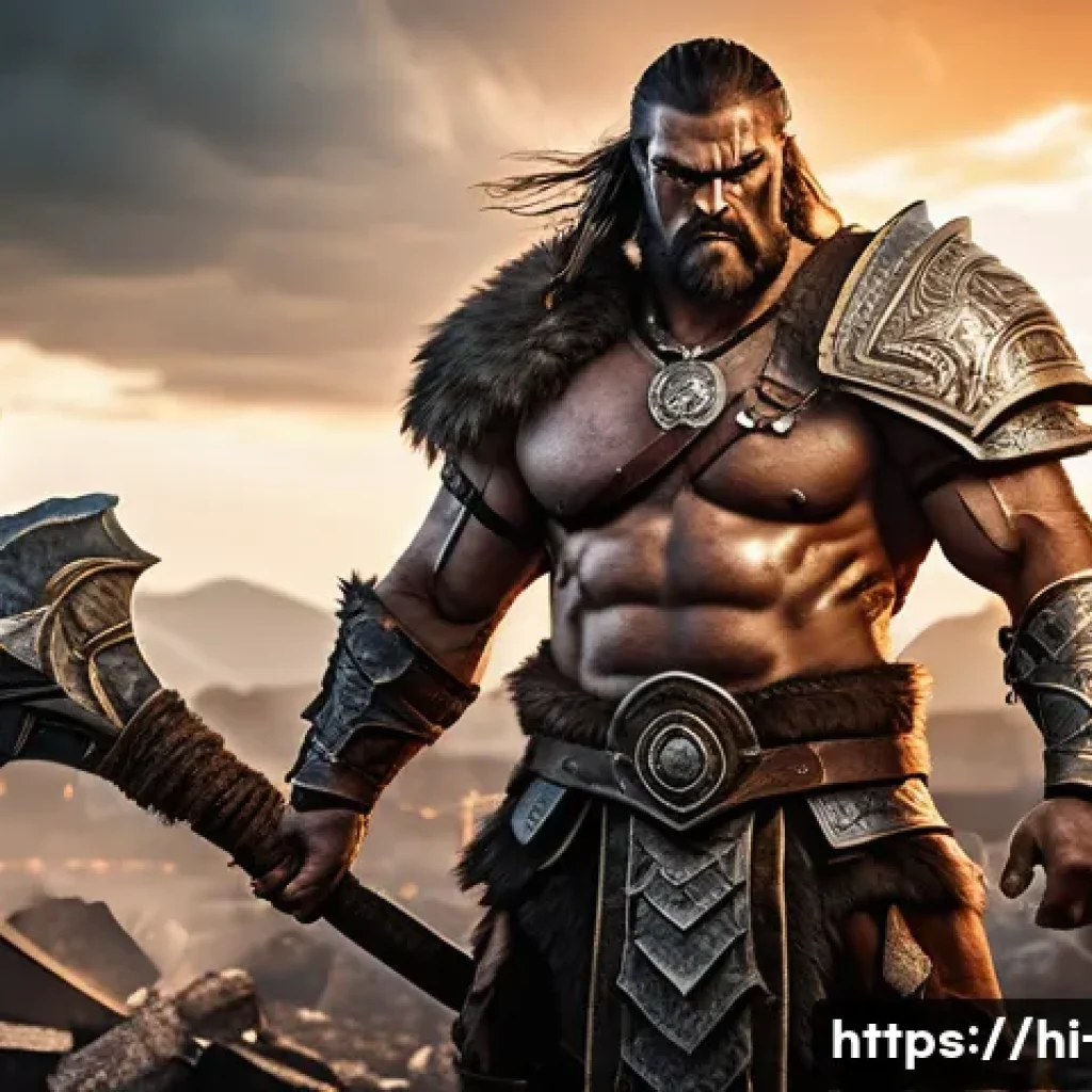 디아블로4 초보자 추천 클래스 - A powerful barbarian warrior in heavy armor wielding a massive two-handed axe, standing on a rugged ...