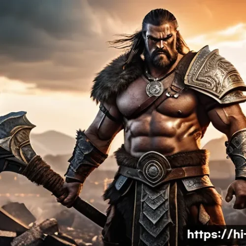 디아블로4 초보자 추천 클래스 - A powerful barbarian warrior in heavy armor wielding a massive two-handed axe, standing on a rugged ...