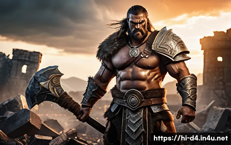디아블로4 초보자 추천 클래스 - A powerful barbarian warrior in heavy armor wielding a massive two-handed axe, standing on a rugged ...
