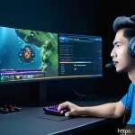 디아블로4 스트리머 추천 - A detailed scene showing a skilled Diablo 4 streamer in a high-tech gaming room, focusing intensely ...