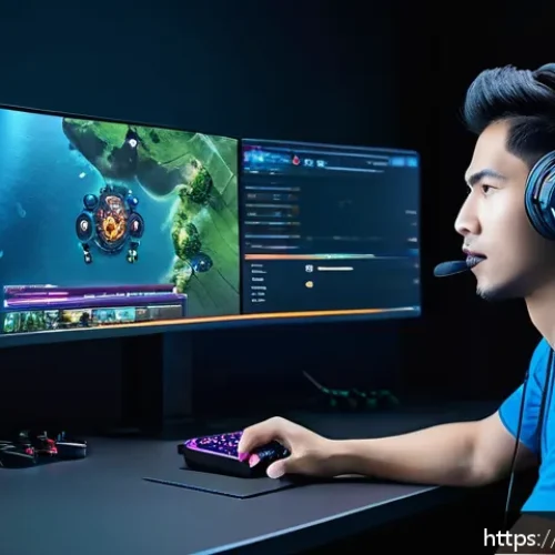 디아블로4 스트리머 추천 - A detailed scene showing a skilled Diablo 4 streamer in a high-tech gaming room, focusing intensely ...