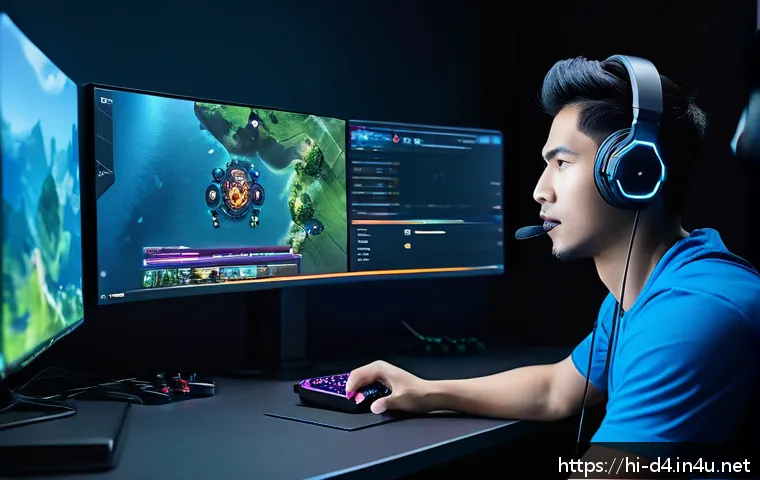 디아블로4 스트리머 추천 - A detailed scene showing a skilled Diablo 4 streamer in a high-tech gaming room, focusing intensely ...
