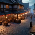 디아블로4 거래 가능한 아이템 - A detailed fantasy RPG marketplace scene inspired by Diablo 4, featuring diverse players trading hig...