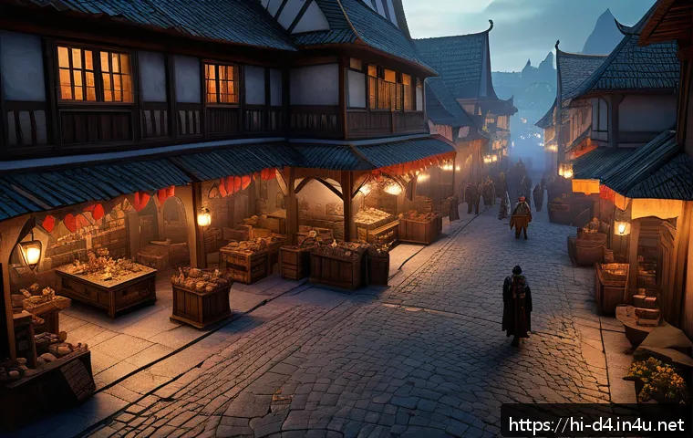 디아블로4 거래 가능한 아이템 - A detailed fantasy RPG marketplace scene inspired by Diablo 4, featuring diverse players trading hig...