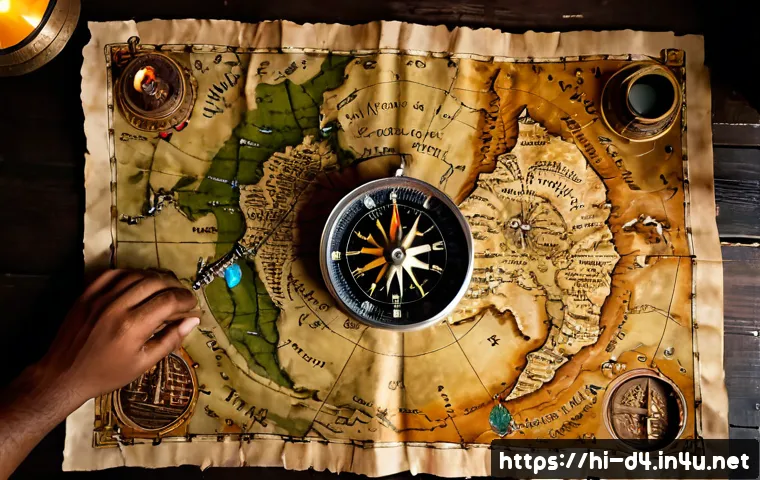 디아블로4 맵 공략 - Photorealistic overhead view of a weathered fantasy parchment map spread across a dark wooden table,...