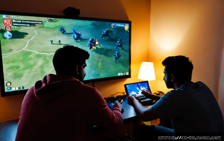 디아블로4 멀티플레이 팁 - Photorealistic cozy gaming room in India, four adult friends cooperating during a dark fantasy actio...